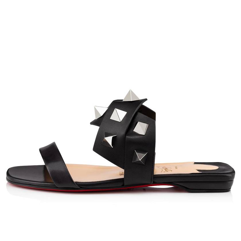 Women's Christian Louboutin Tina In The Desert Leather Flat Sandals - Black/Silver [4870-951]